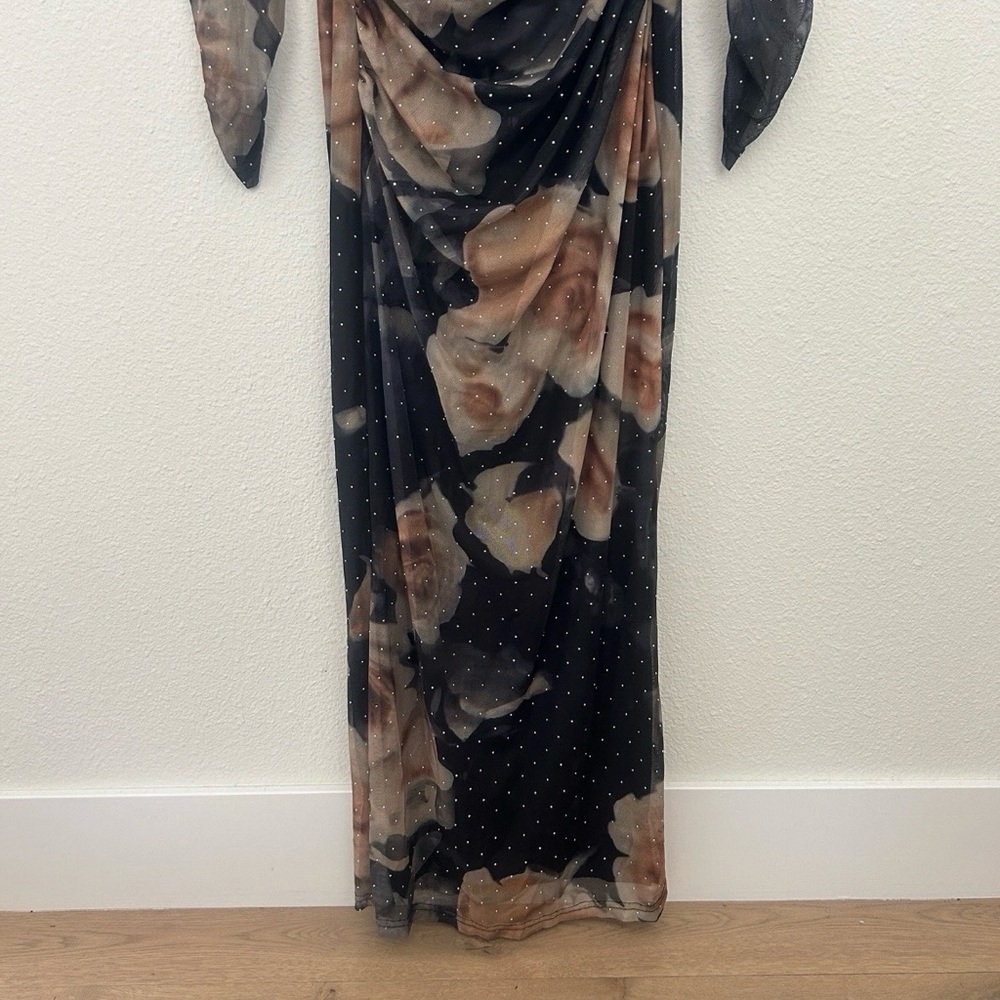 Quiz Gothic Dark Floral Midi Dress NEW Size 10 Ruched Sheer Sparkle Brown Black - Picture 6 of 16